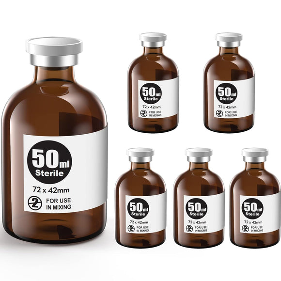 50ml Sterile/Depyrogenated Amber Vials 10pk White Flip